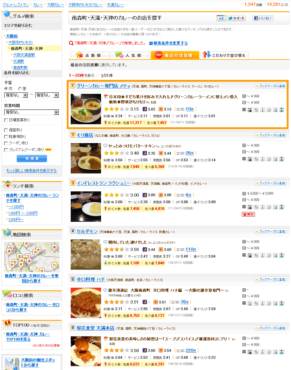 2012年01月08日食べログ天満×カレーランキング1位｜グリーンカレー専門店メティ